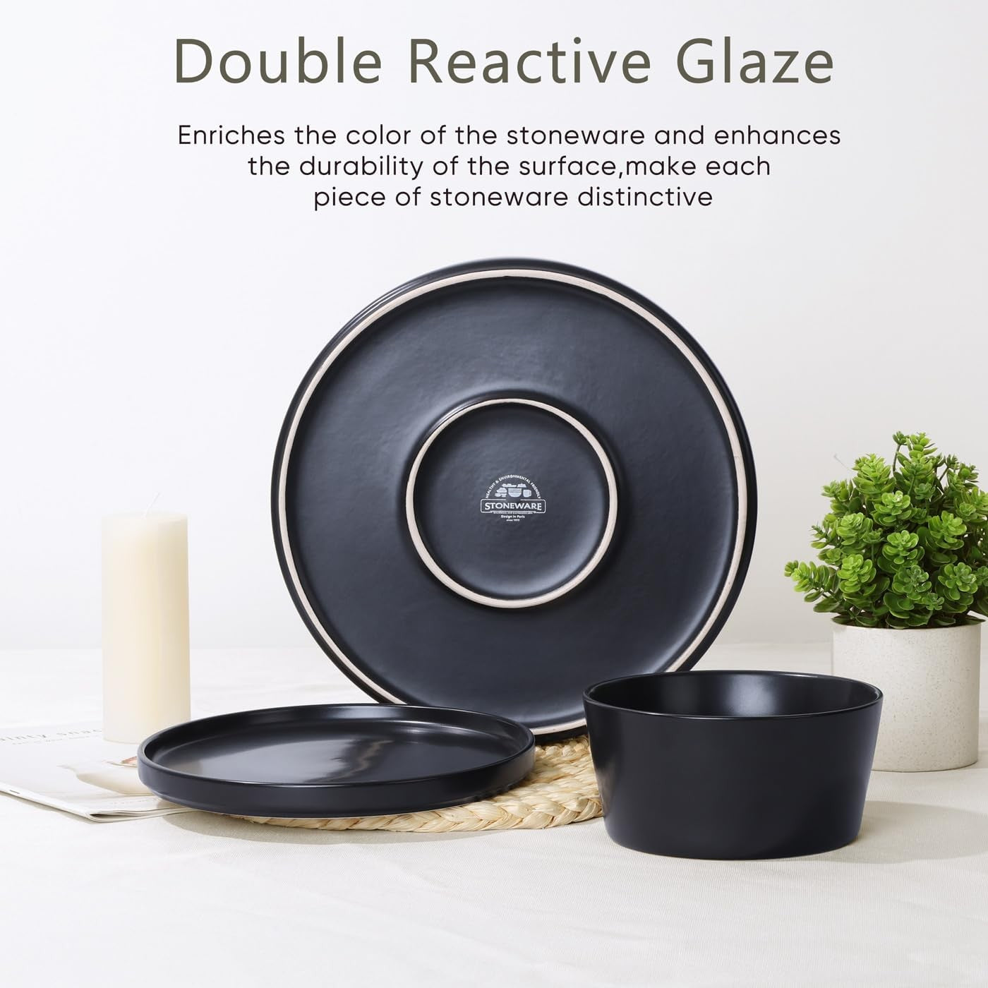 12pc Matte Black Stoneware Dinner Set Plates Bowls Dishwasher Safe