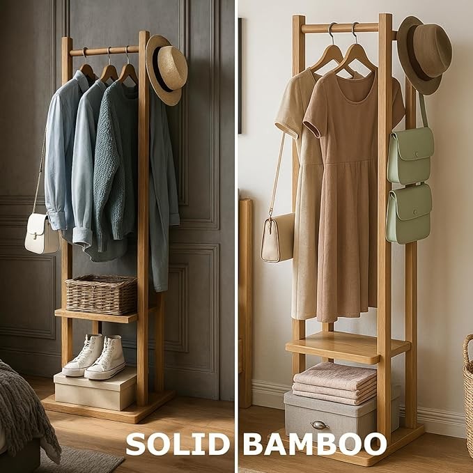 Wooden Coat Rack with 2 Shelves | Freestanding Bamboo Hall Tree Stand