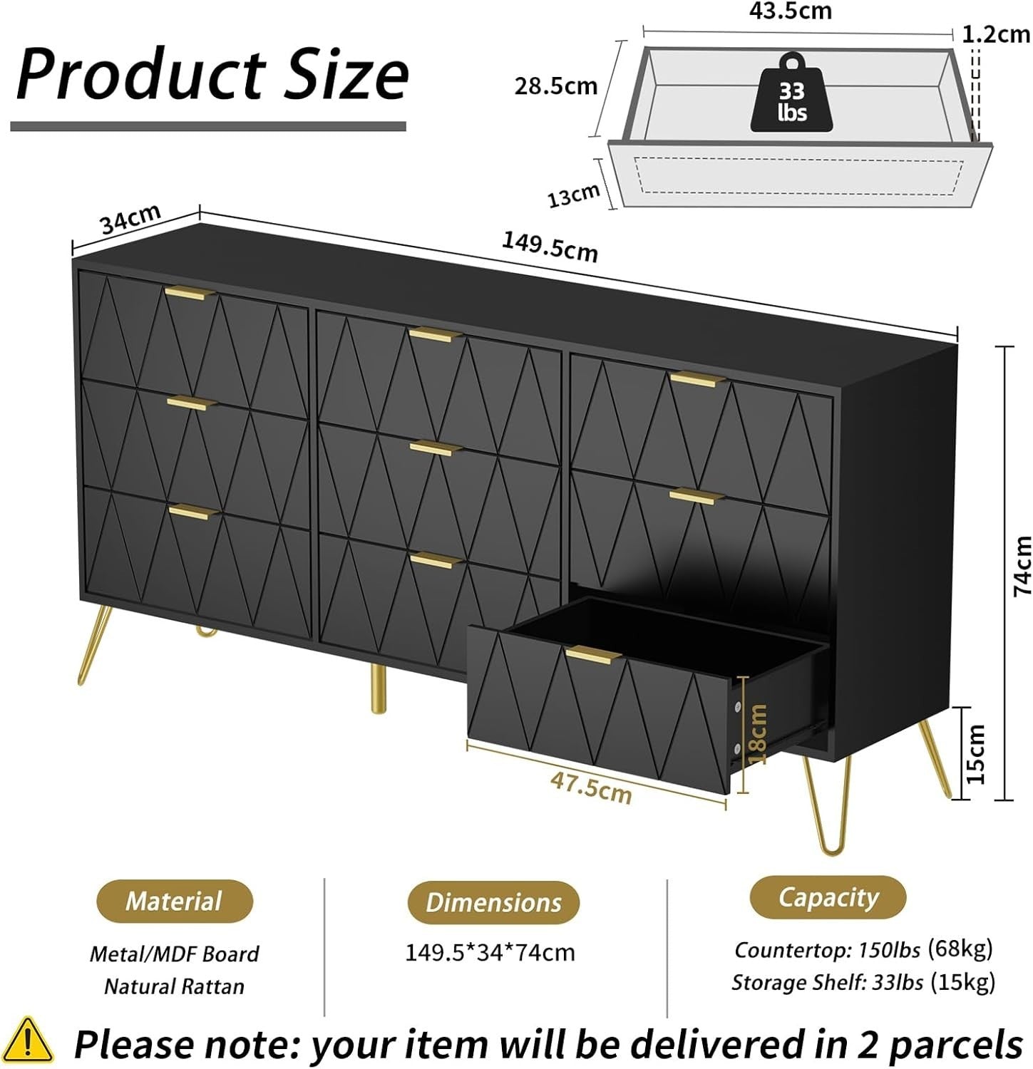 Black 9 Drawer Chest of Drawers Wide Modern Dresser Cabinet for Bedroom