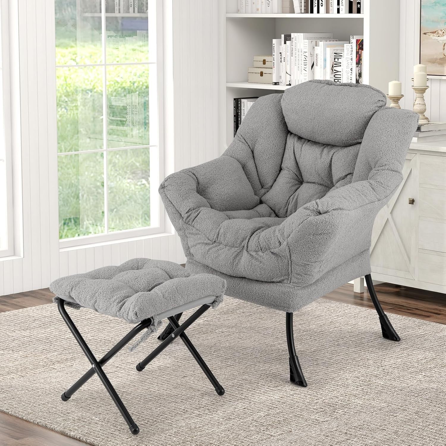 Grey Sherpa Armchair w/ Footstool Comfy Lounge Chair Sofa for Reading