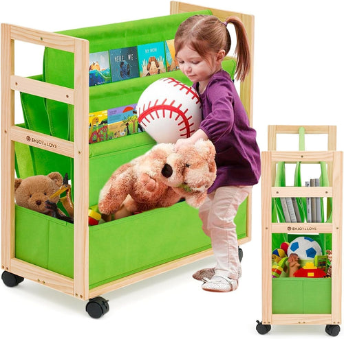 Kids 4-Tier Rolling Bookcase with Fabric Bins & Lockable Wheels, Pine Wood