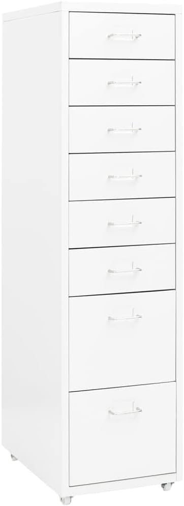 White Mobile Filing Cabinet 8 Drawer 109cm Rolling Metal Storage