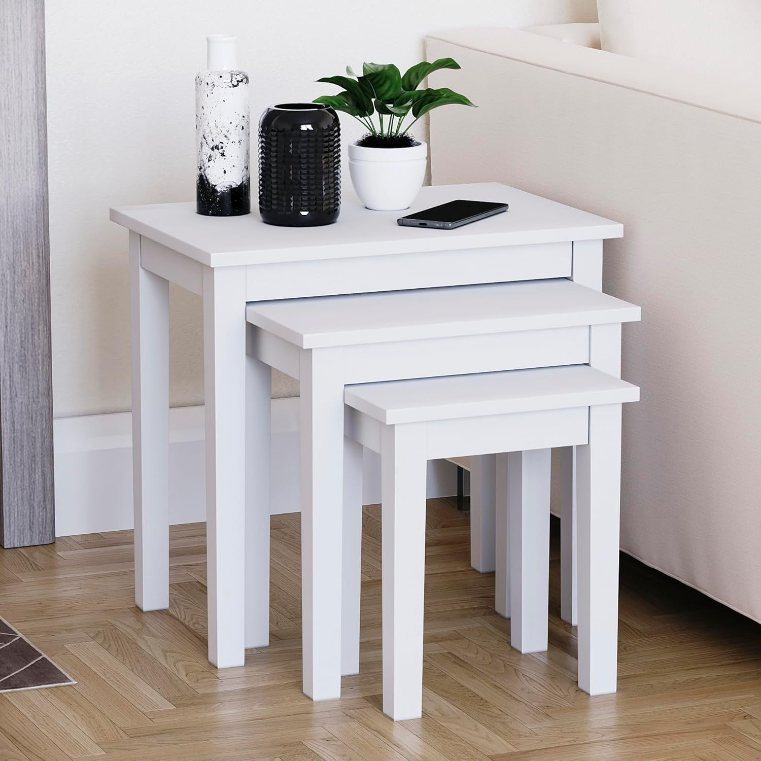 White Nesting Tables Set of 3 Modern Side End Coffee Table Wood Metal Frame