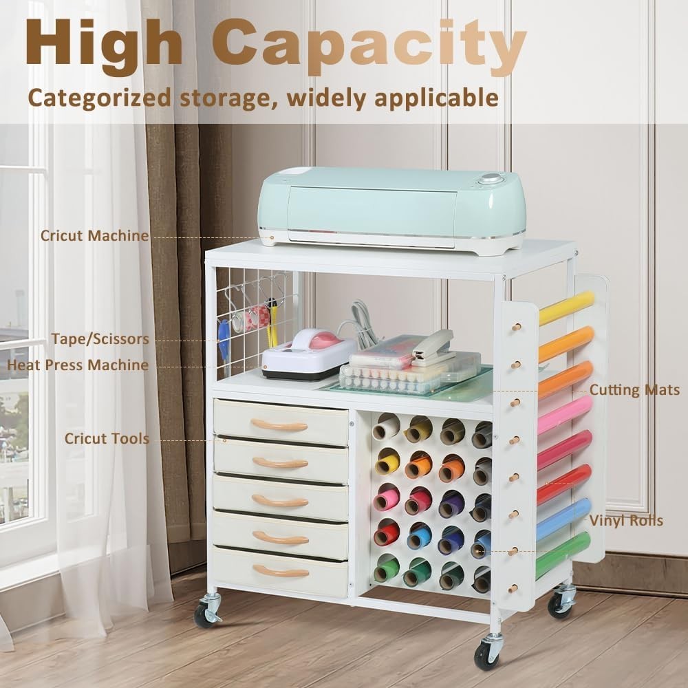 Craft Storage Cart Rolling Cricut Table Vinyl Holder 5 Drawers White