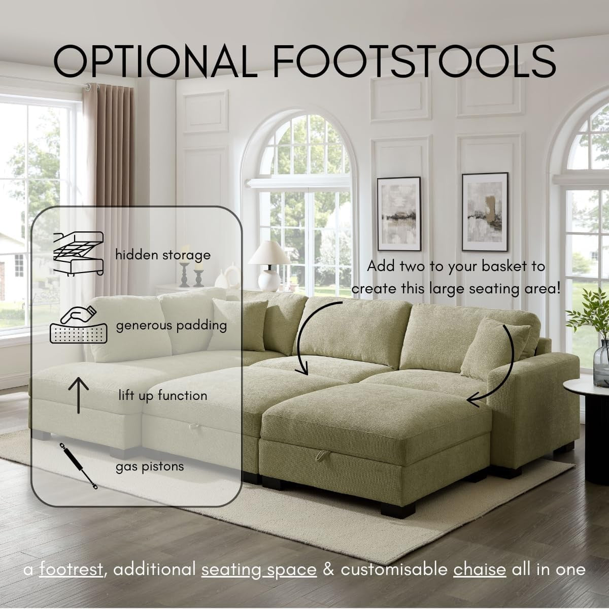 Sage Green Chenille Corner Sofa Left Hand – 5 Seater with Footstool Option