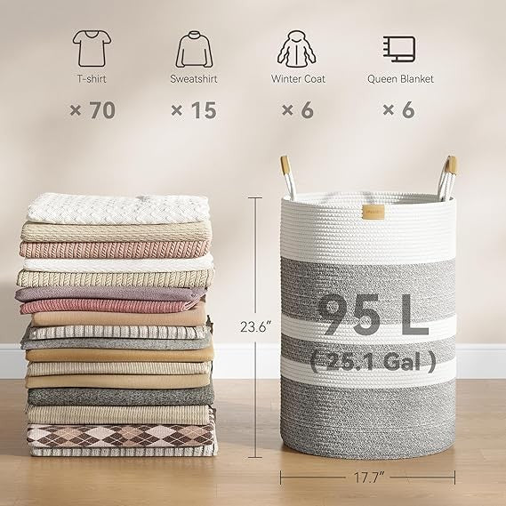 95L Foldable Laundry Basket with Leather Handles, Large Woven Hamper Grey Stripe