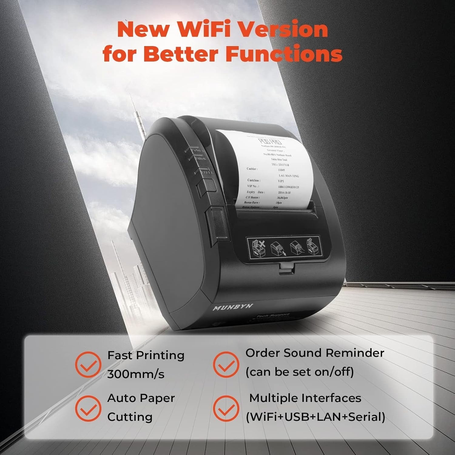 WiFi Thermal Receipt Printer POS USB LAN RS232 High-Speed Black