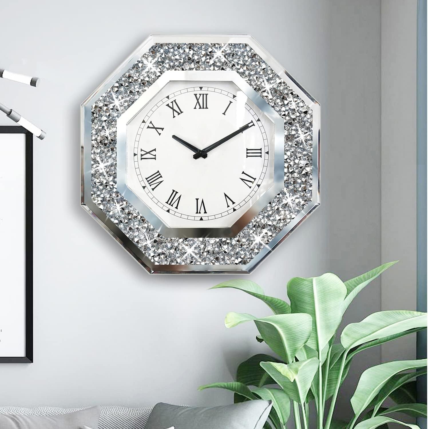 Large Octagon Mirror Wall Clock Diamond Frame Silent Non-Ticking 20 Inch