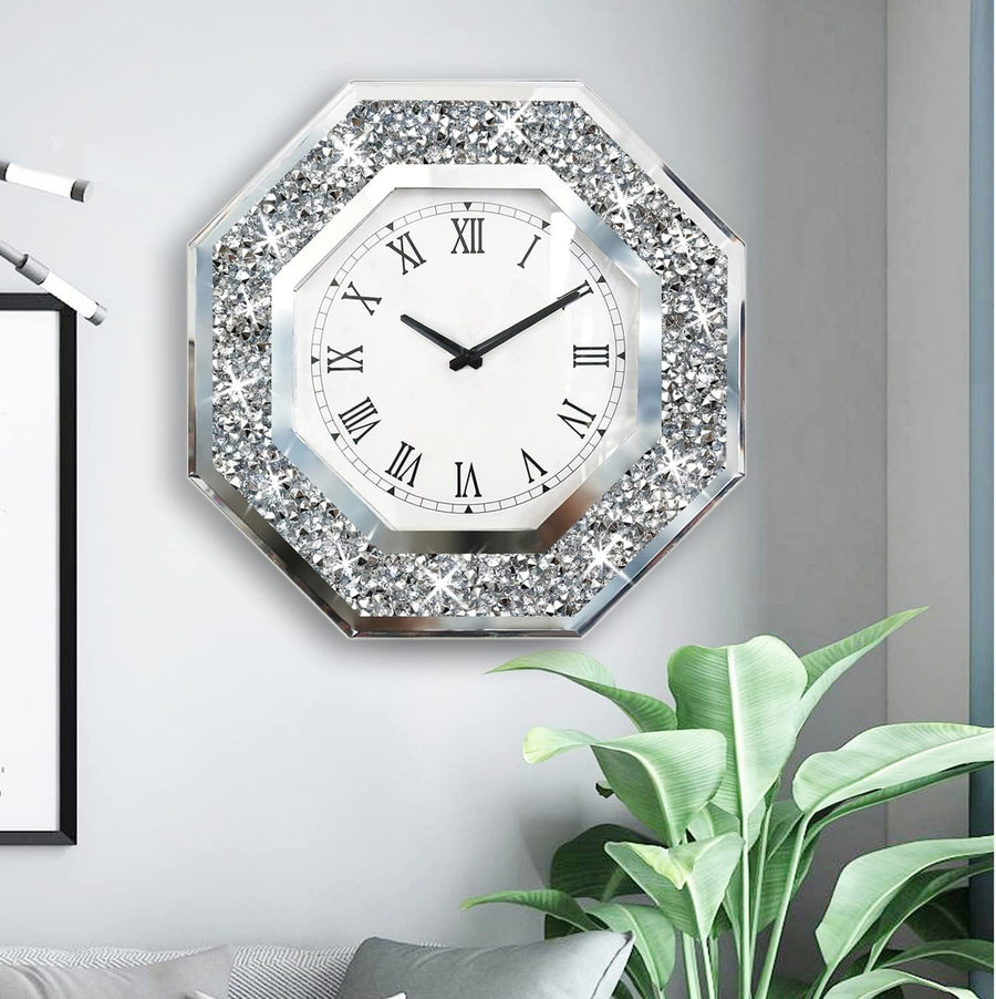 Large Octagon Mirror Wall Clock Diamond Frame Silent Non-Ticking 20 Inch