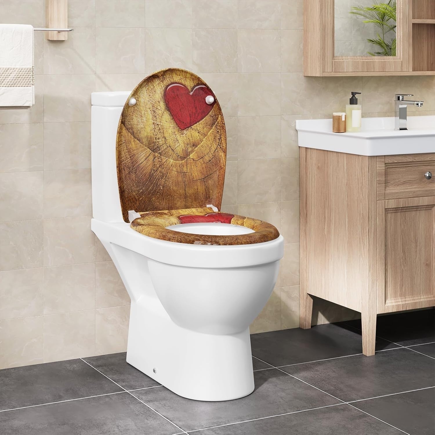 Soft Close O-Shaped Toilet Seat Quick Release Duroplast Rustic Wood Heart Print
