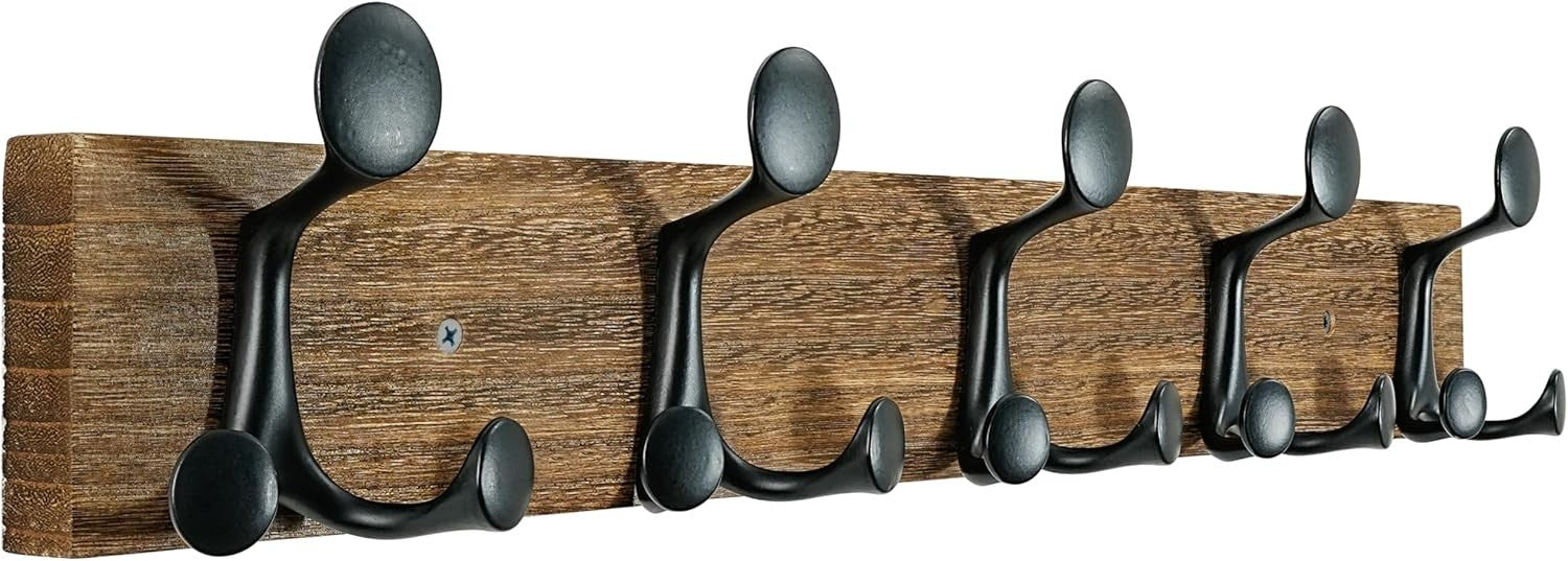 Rustic Burnt Wood Wall Coat Rack 61cm – 5 Triple Hooks Heavy Duty Hanger