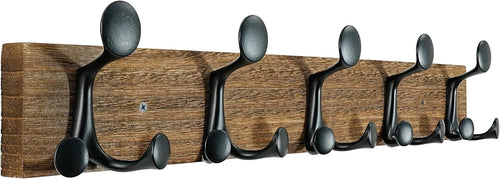Rustic Burnt Wood Wall Coat Rack 61cm – 5 Triple Hooks Heavy Duty Hanger