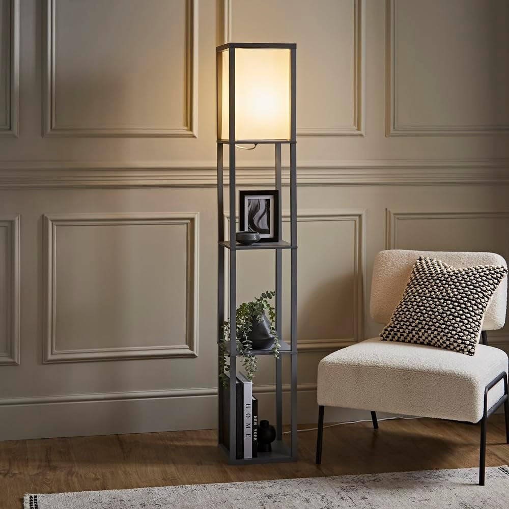 Grey Wooden Floor Lamp with Shelves Modern Standing Light Storage