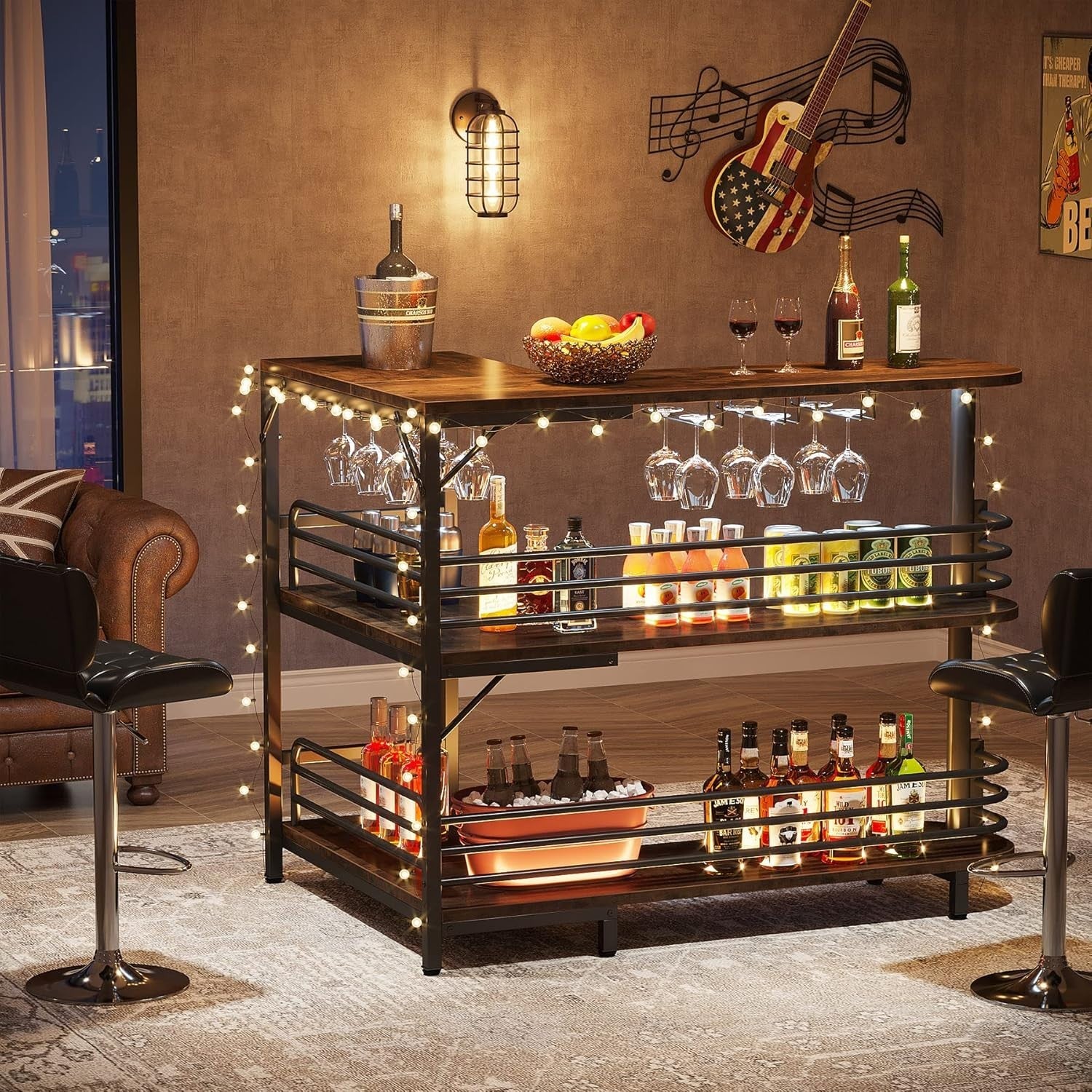 L-Shaped Home Bar Unit with Wine Glass Rack & Shelves Rustic Brown Kitchen Pub