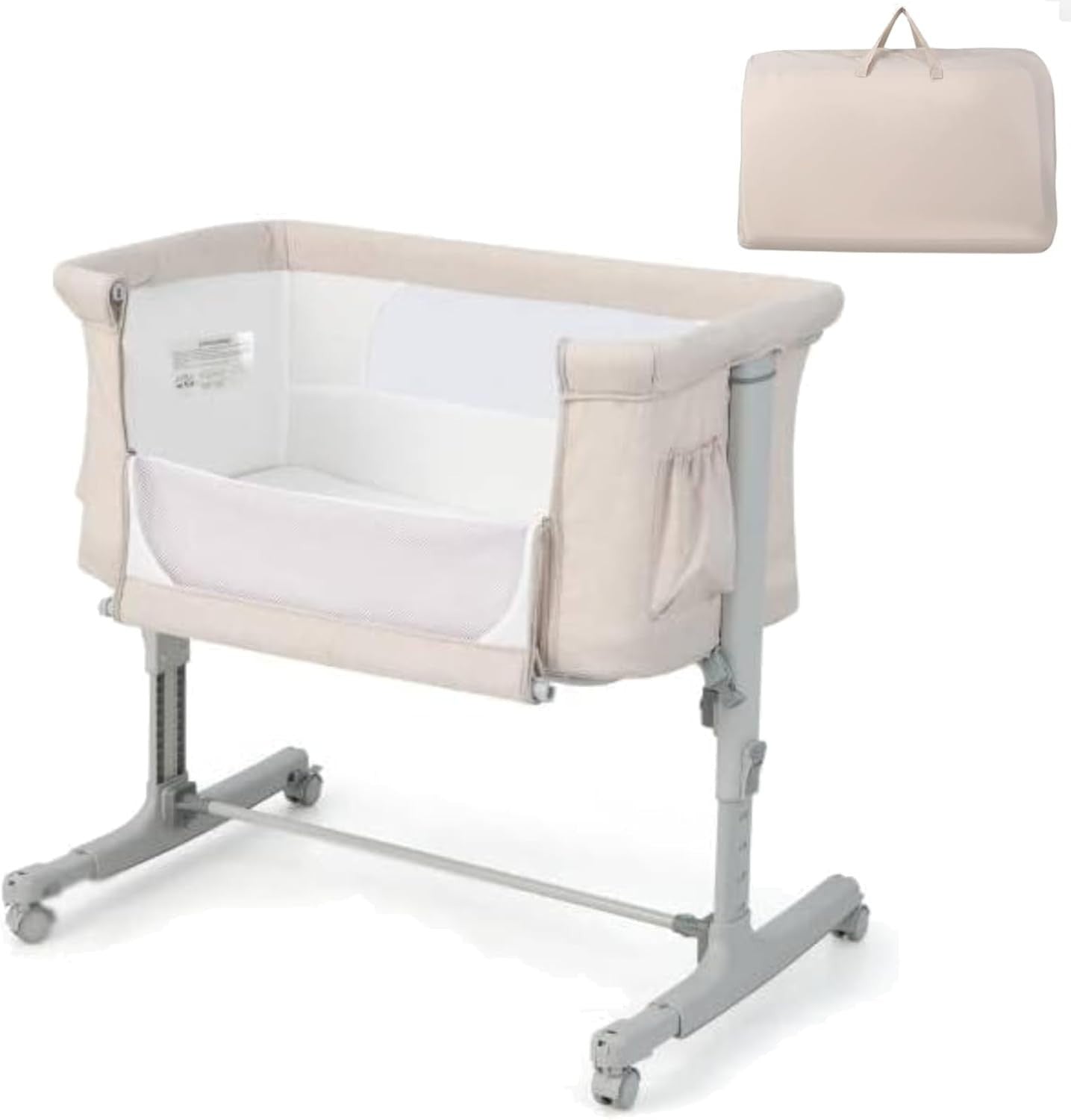3-in-1 Baby Bedside Crib with Adjustable Heights, Mattress & Carry Bag Beige