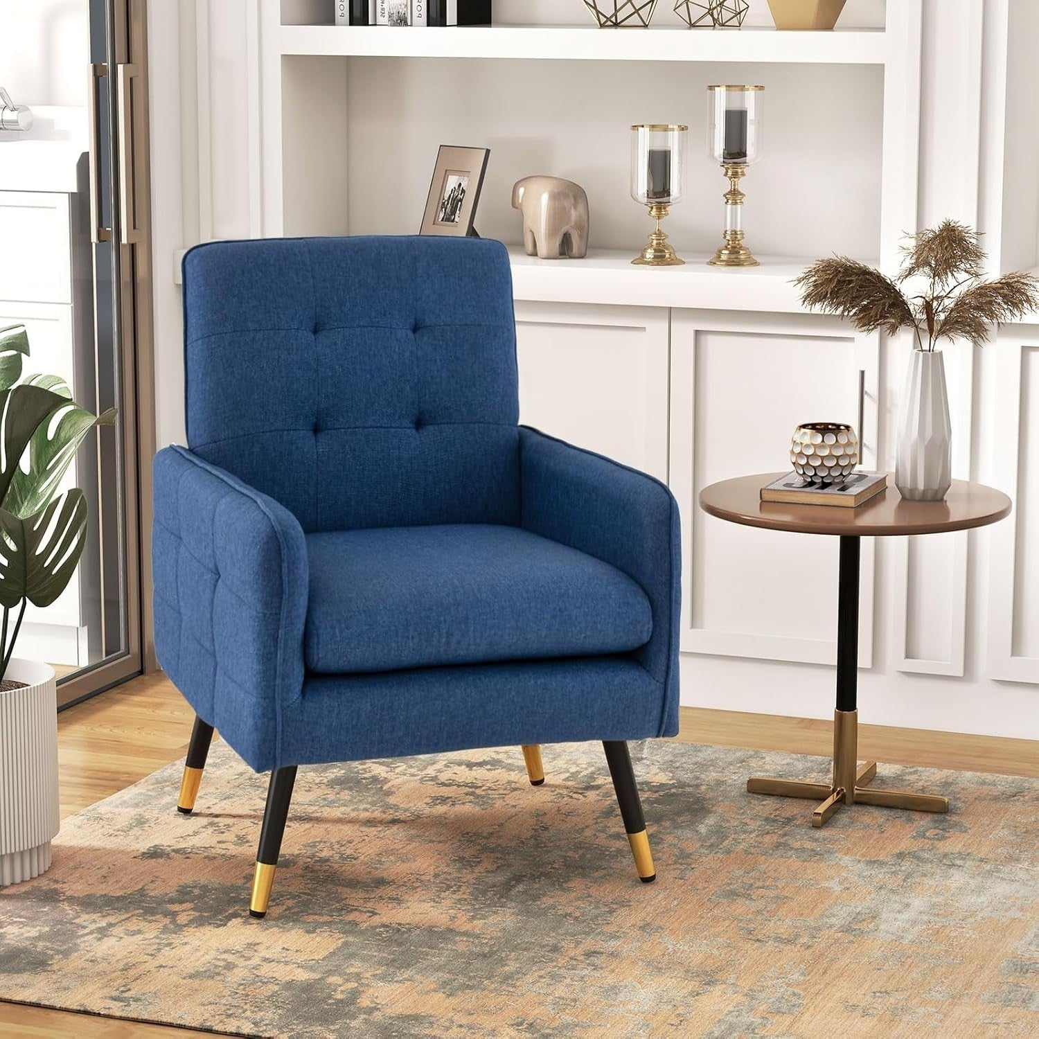 Comfy Blue Linen Accent Chair, Modern Tufted Sofa Chair with Metal Legs