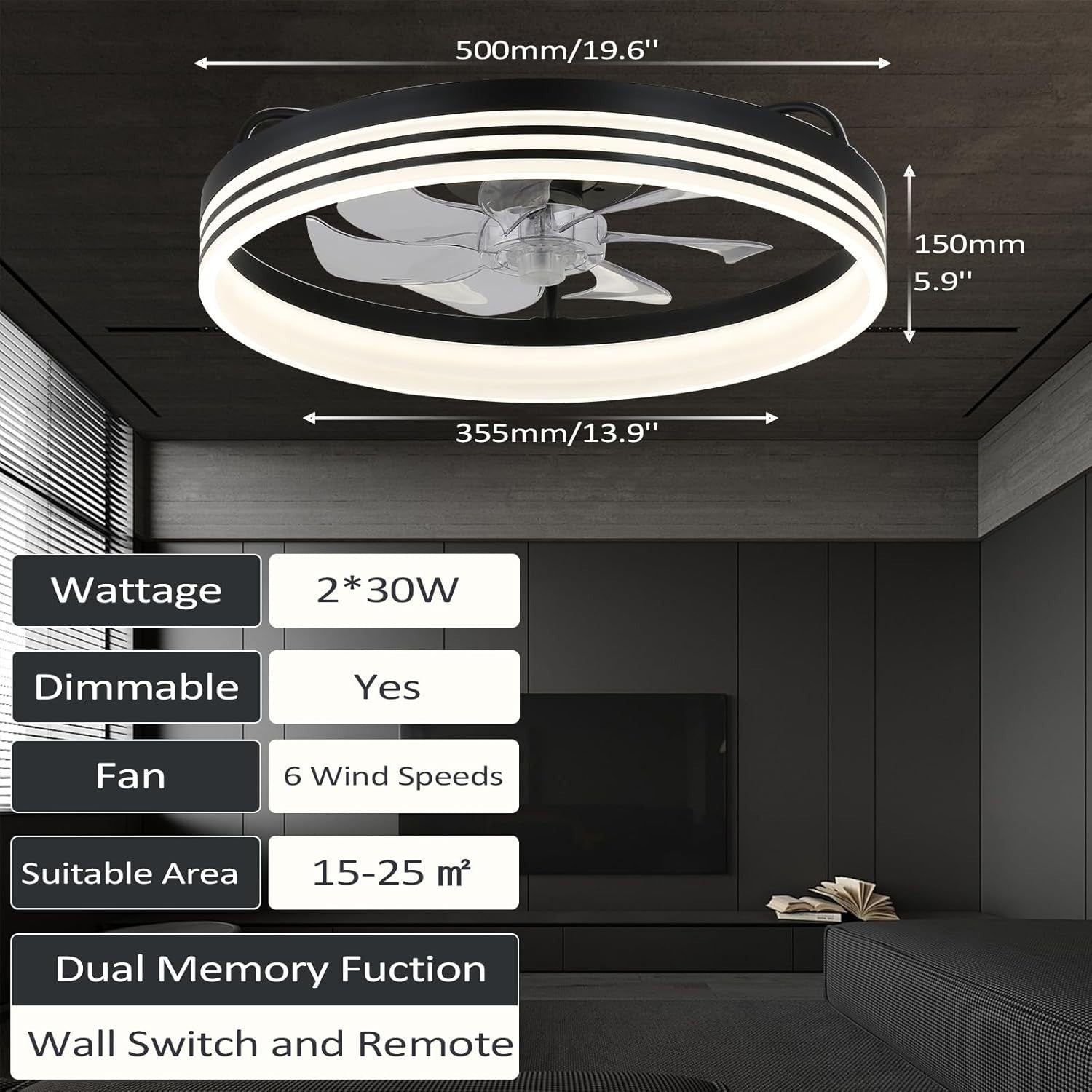 Bladeless Ceiling Fan with Light, 6 Speeds, Dimmable, 20" Black