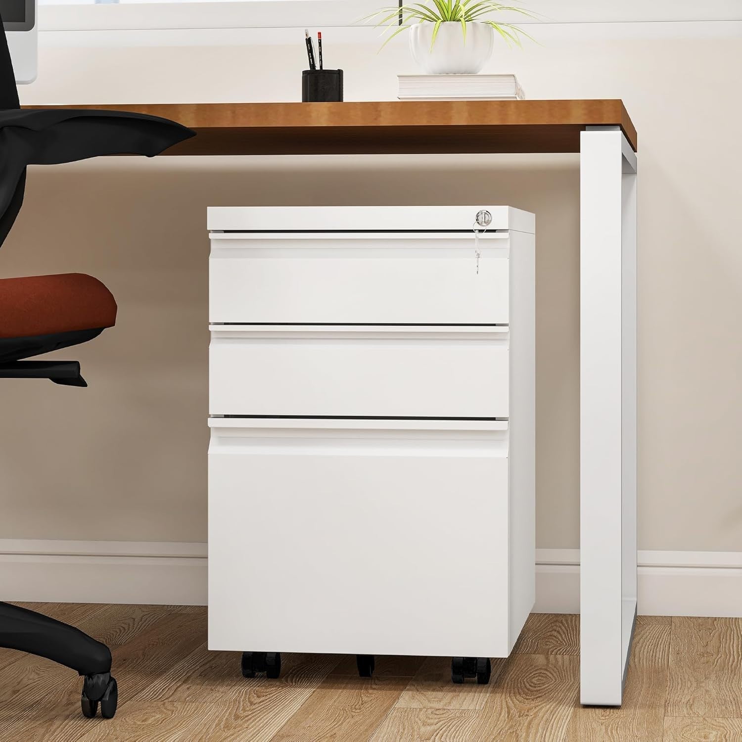 White Locking Metal File Cabinet 3 Drawer Rolling Under Desk Storage
