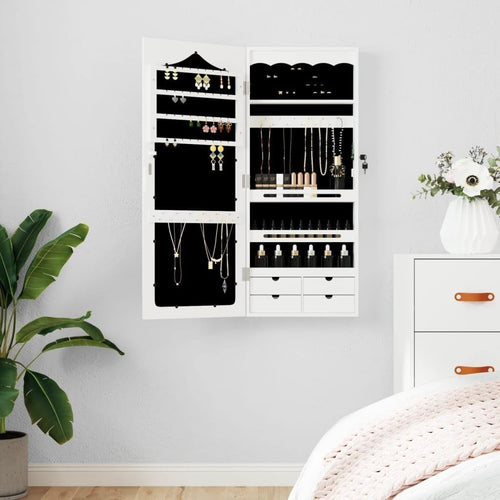 Lockable Wall Mounted Jewelry Cabinet Mirror Slim Storage Organizer White