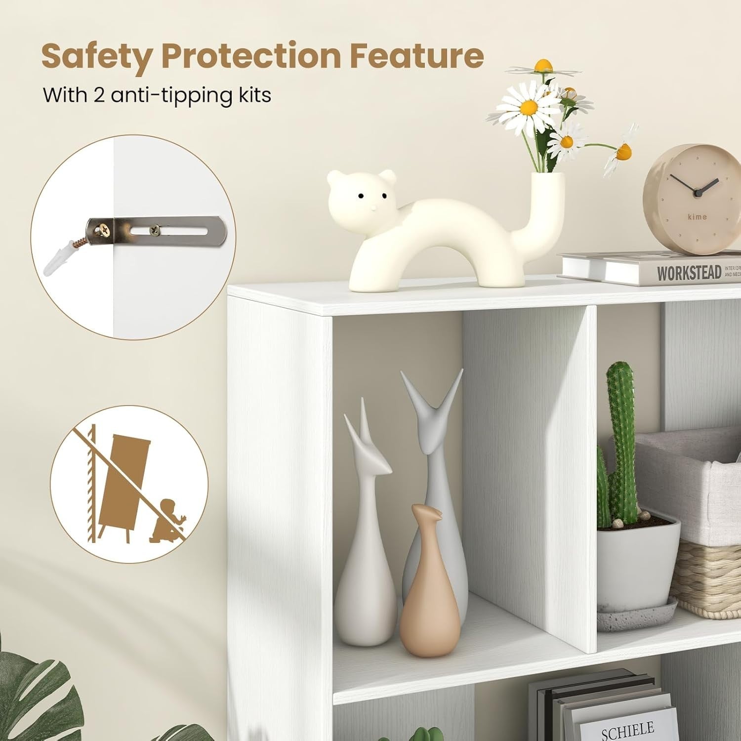 4-Cube Storage Bookcase White Wooden Shelves Metal Legs Anti-Tip 90x30x90cm