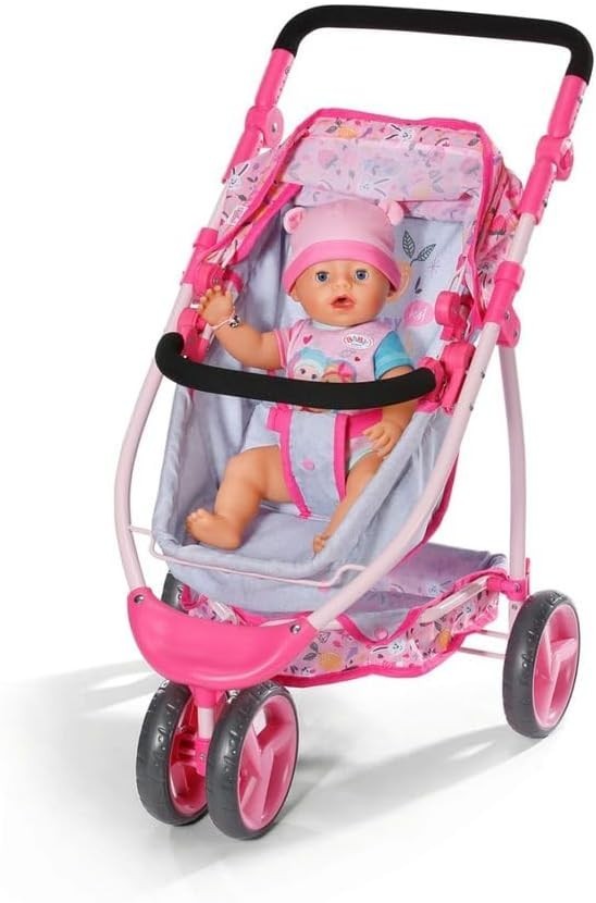 Doll Pram Jogger Pushchair Folding Hood Adjustable Handle 43cm Dolls