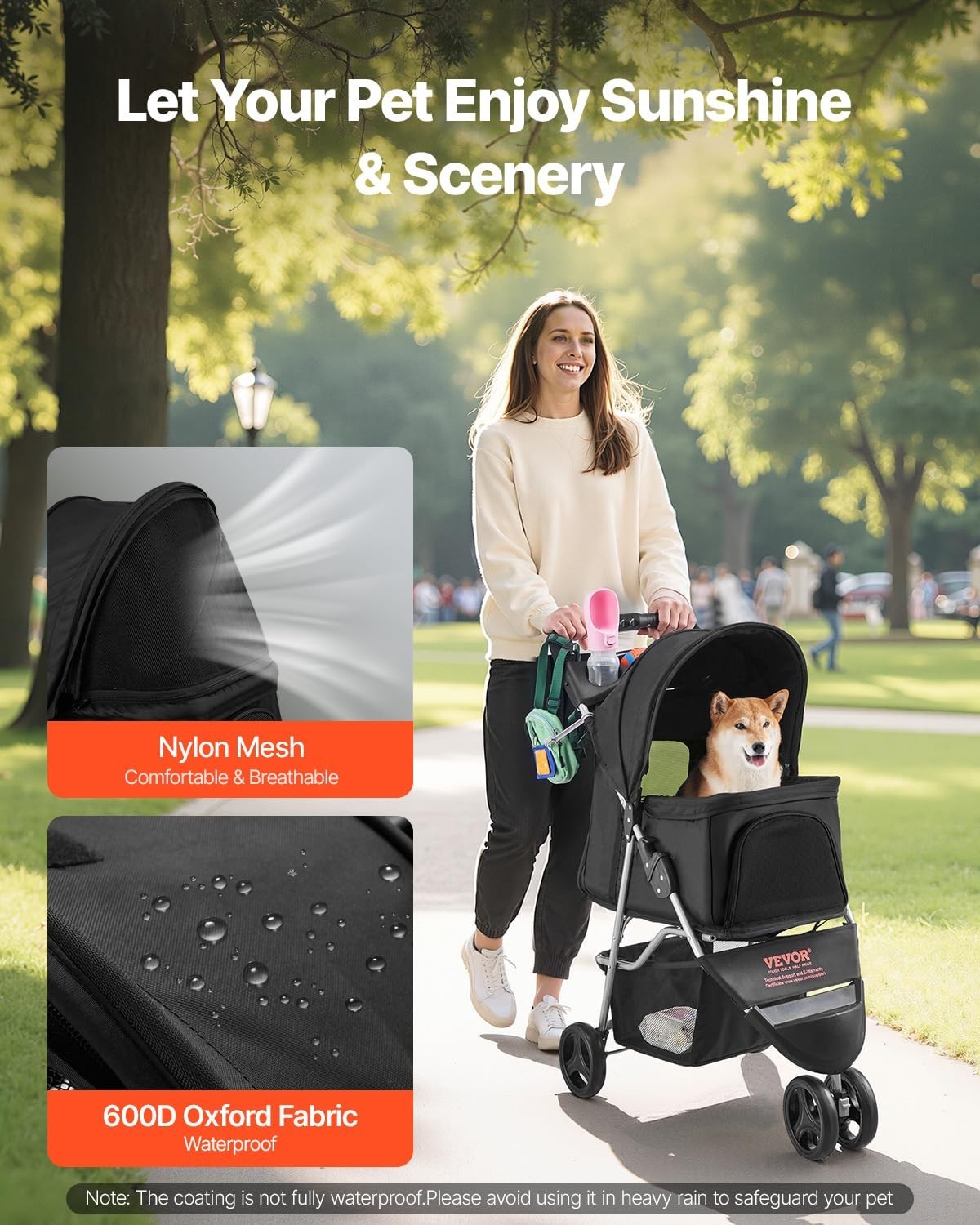 Pet Stroller 3 Wheel Folding Dog Pram 35lb Capacity Brake Mesh Cup Holder