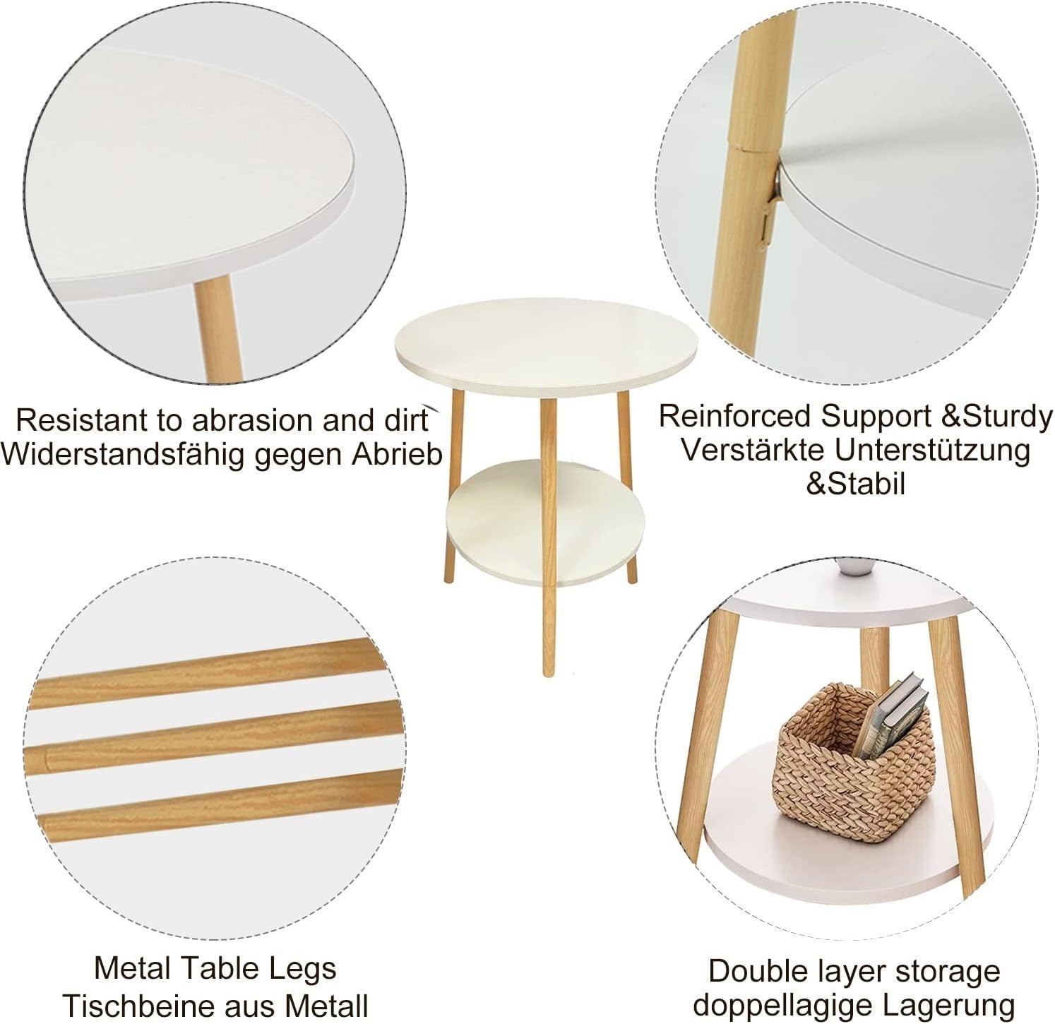 Modern 2-Tier Round Side Table with Metal Frame & Storage, 38x55cm White