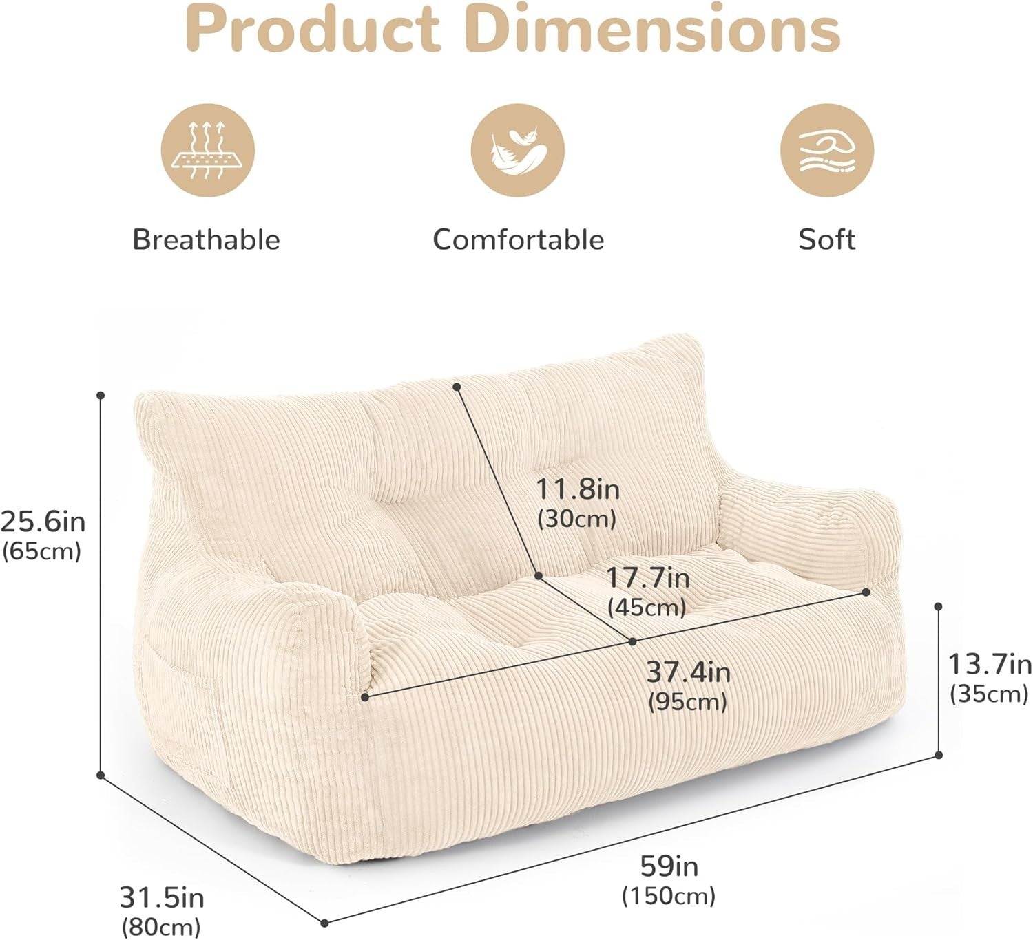 Large 2 Seater Bean Bag Sofa Chair Adult Comfy Corduroy for Lounge Room
