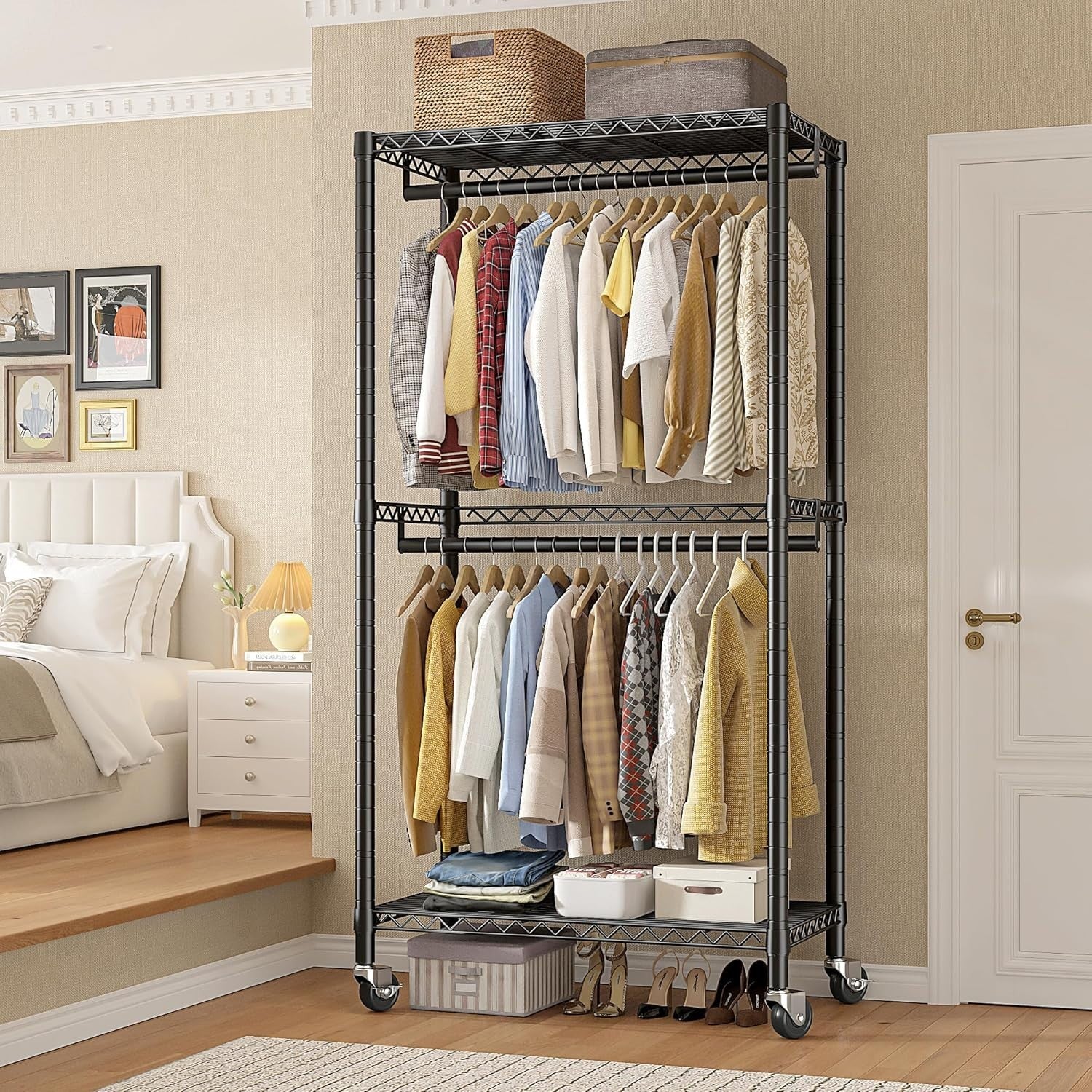 Heavy Duty Clothes Rail with Shelves & Wheels – Black 200cm
