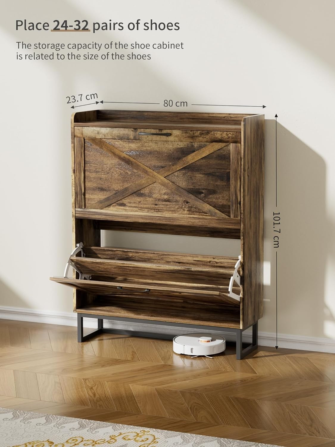 Slim Wooden Shoe Cabinet 2 Drawer Fold Storage Rack – Vintage Style Hallway