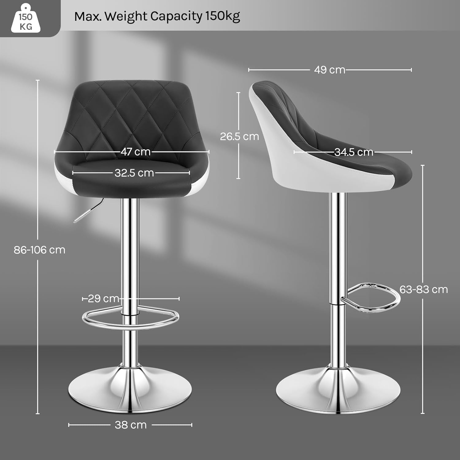 Grey+White Swivel Bar Stool – Adjustable Velvet Seat with Footrest