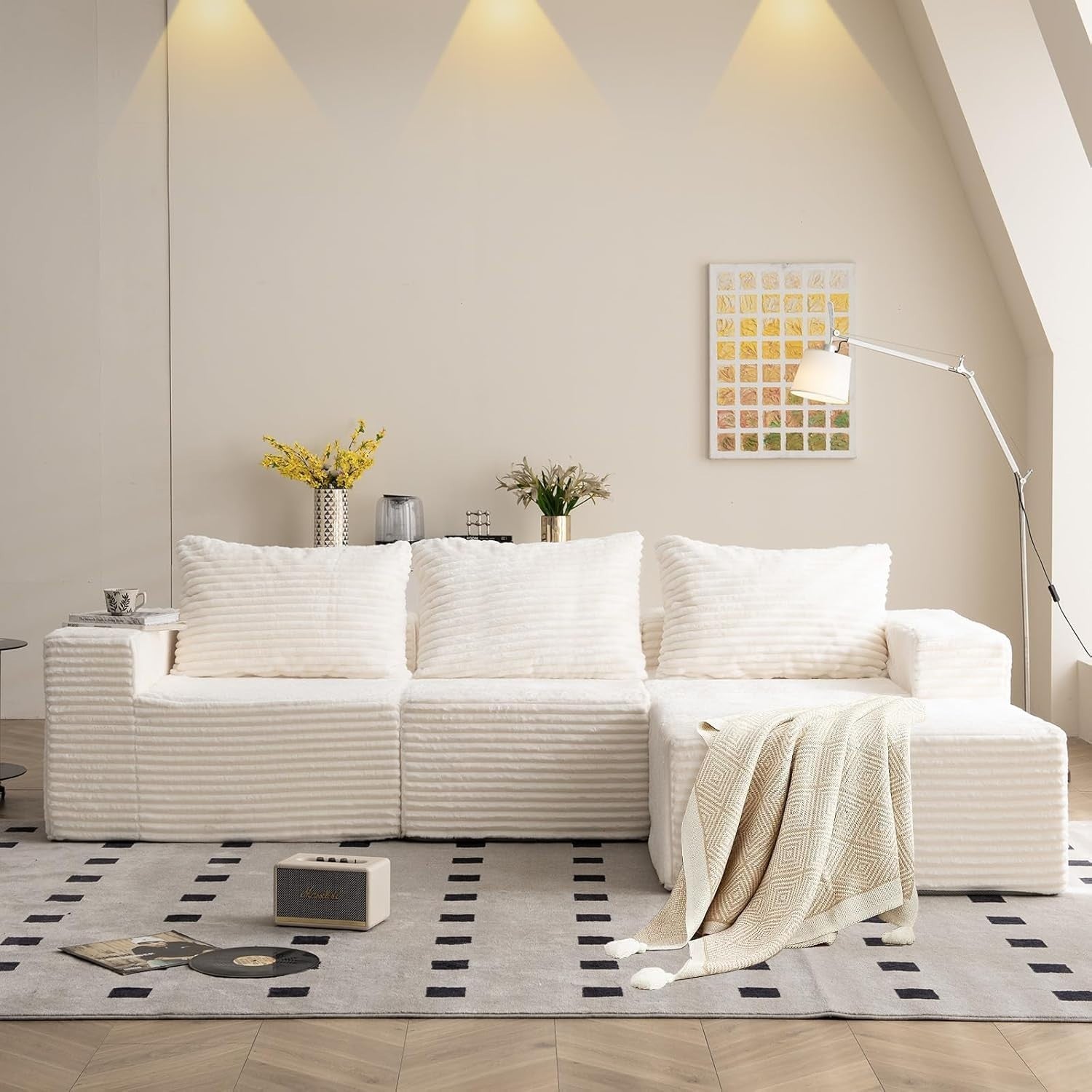 Oversized 3-4 Seater Modular L-Shaped Sofa Beige Memory Foam No Assembly