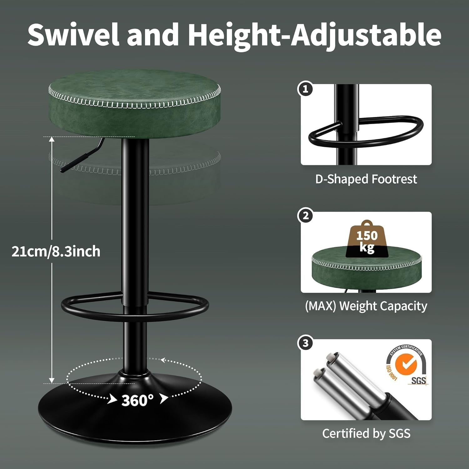 Adjustable Swivel Bar Stools Set of 2 Green Faux Leather 36x36x85.5cm
