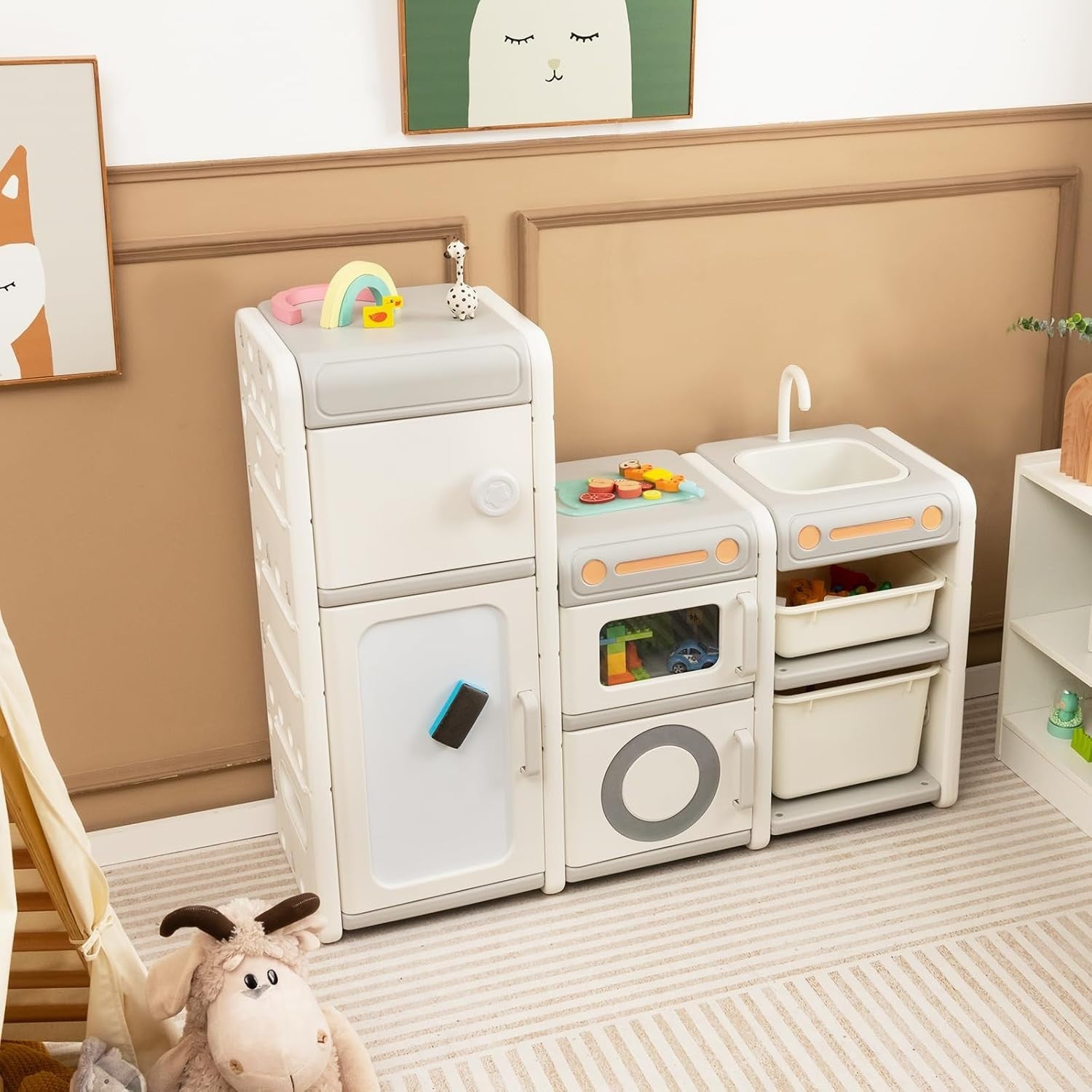Kids Toy Storage Unit with Cabinets & Whiteboard Play Kitchen Shelf 116cm