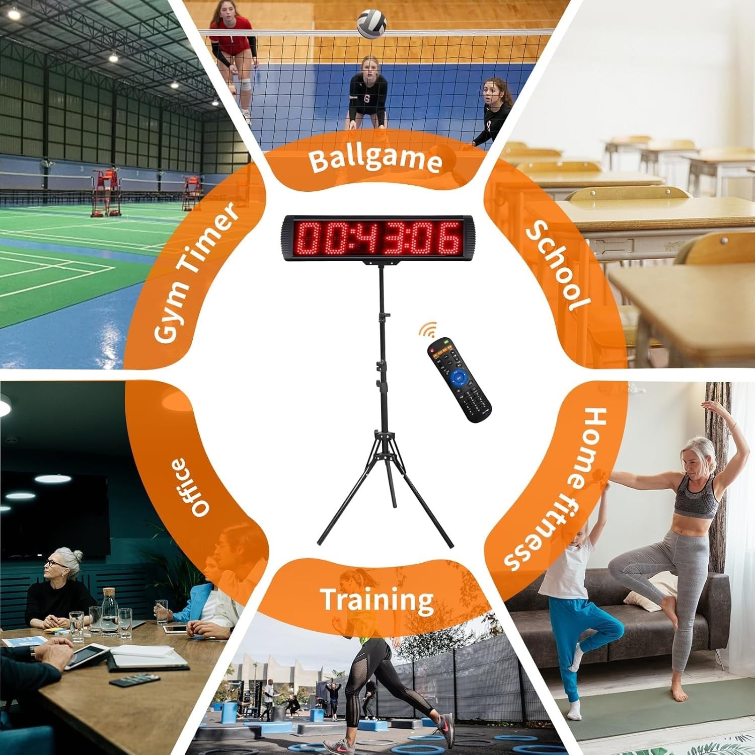 Large LED Gym Timer Clock with Remote, 6-Digit Stopwatch, Countdown & 12/24H