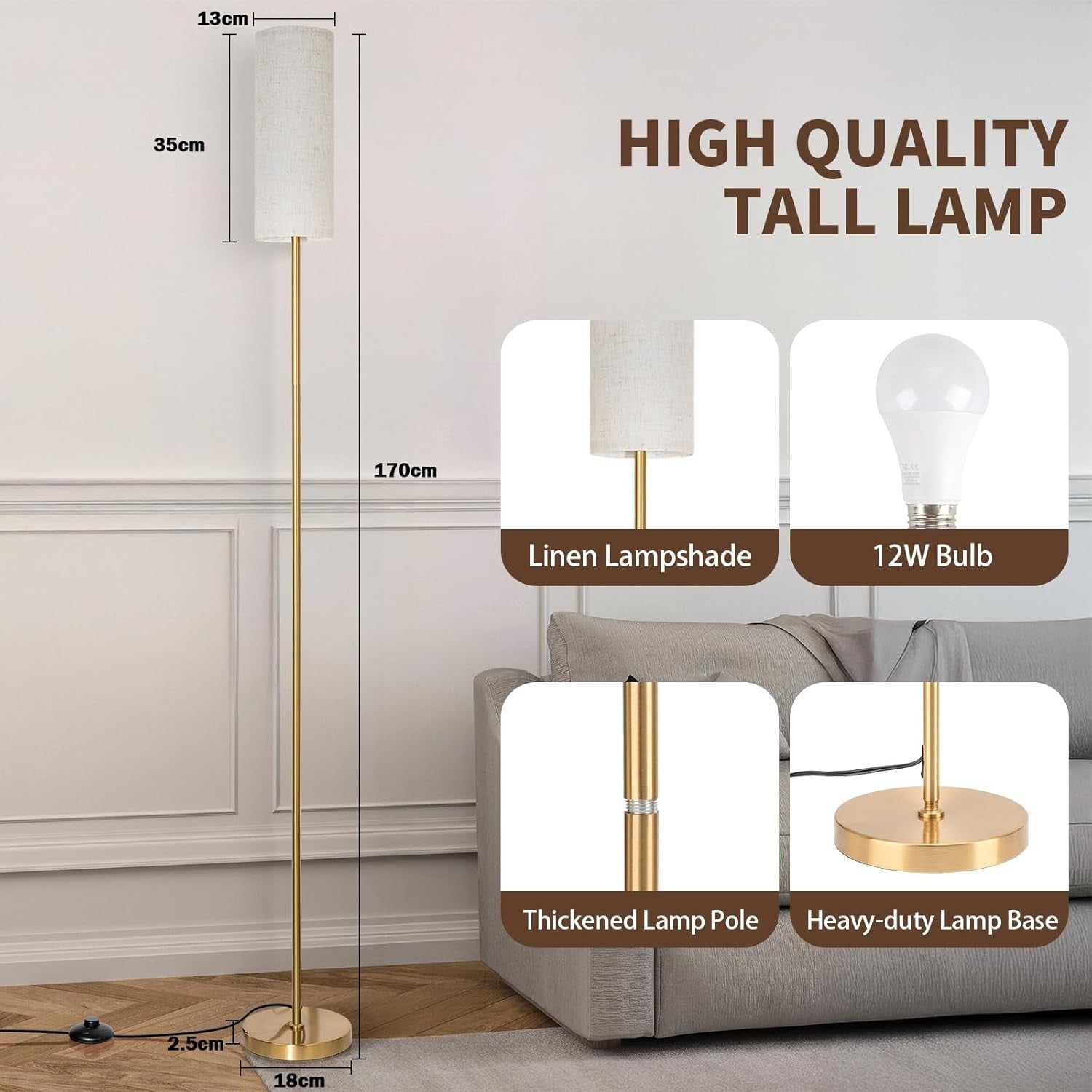 Modern Floor Lamp with Remote App Control Dimmable Reading Light Gold
