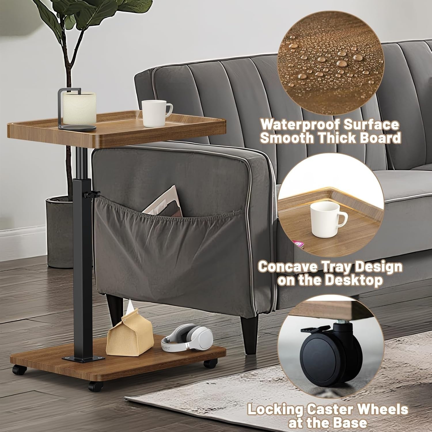 Adjustable C-Shaped Side Table with Wheels 360° Swivel Tray Walnut