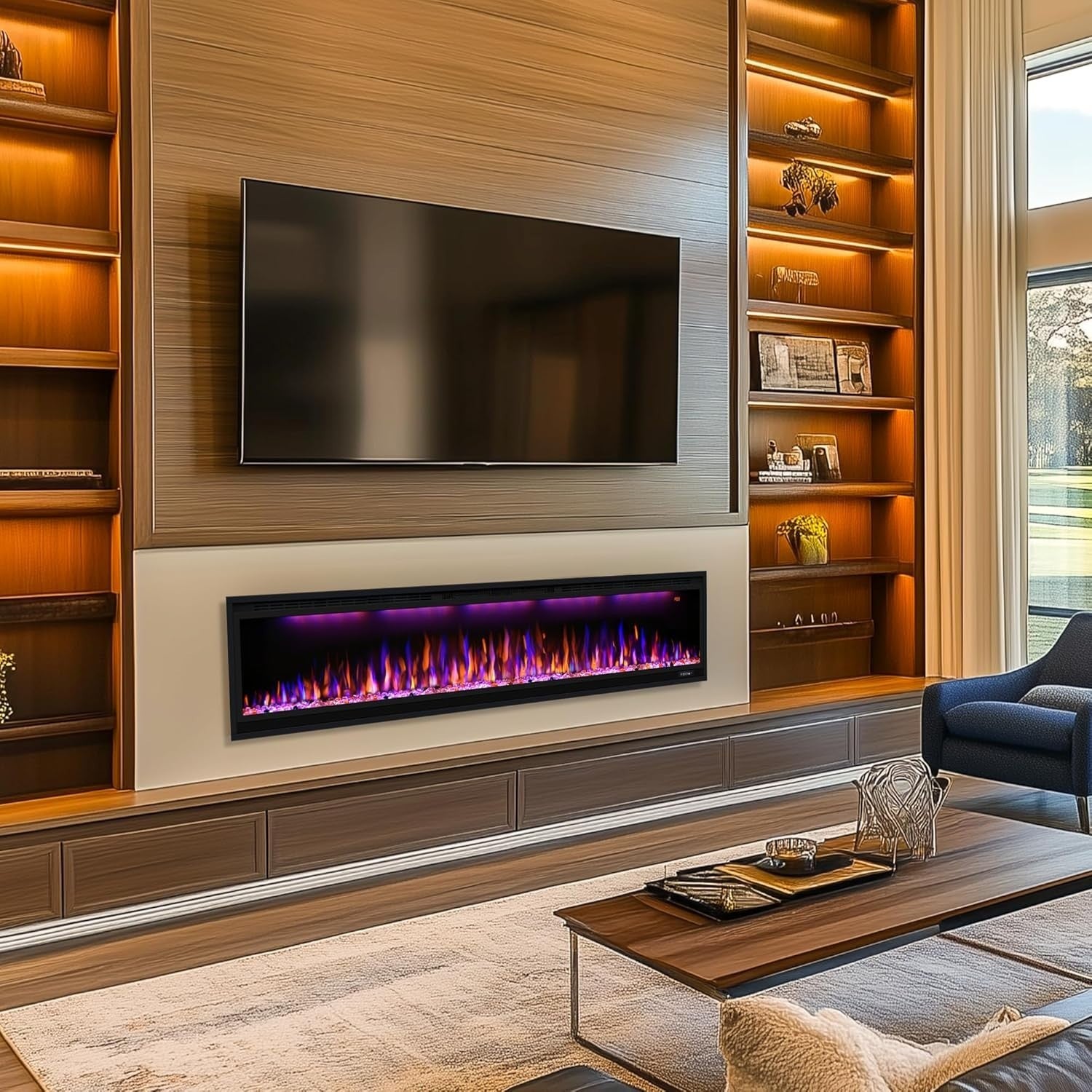 60" Electric Wall-Mounted Fireplace Heater w/ Remote, Multicolor Flames