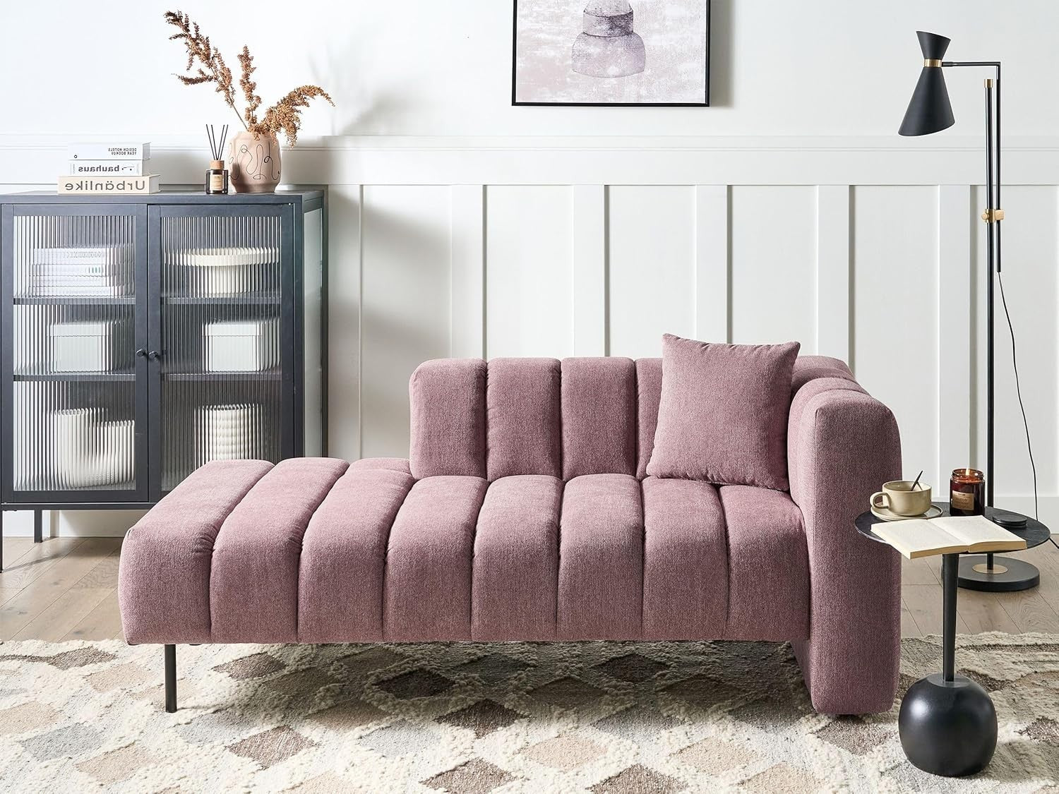 Modern Right Hand Pink Chaise Lounge | Fabric Sofa + Cushion + Metal Legs