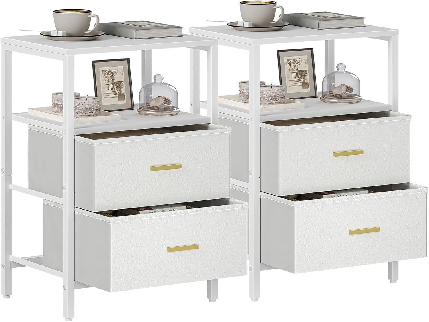Set of 2 White Bedside Tables with Drawers & Shelf – Modern Storage Nightstands