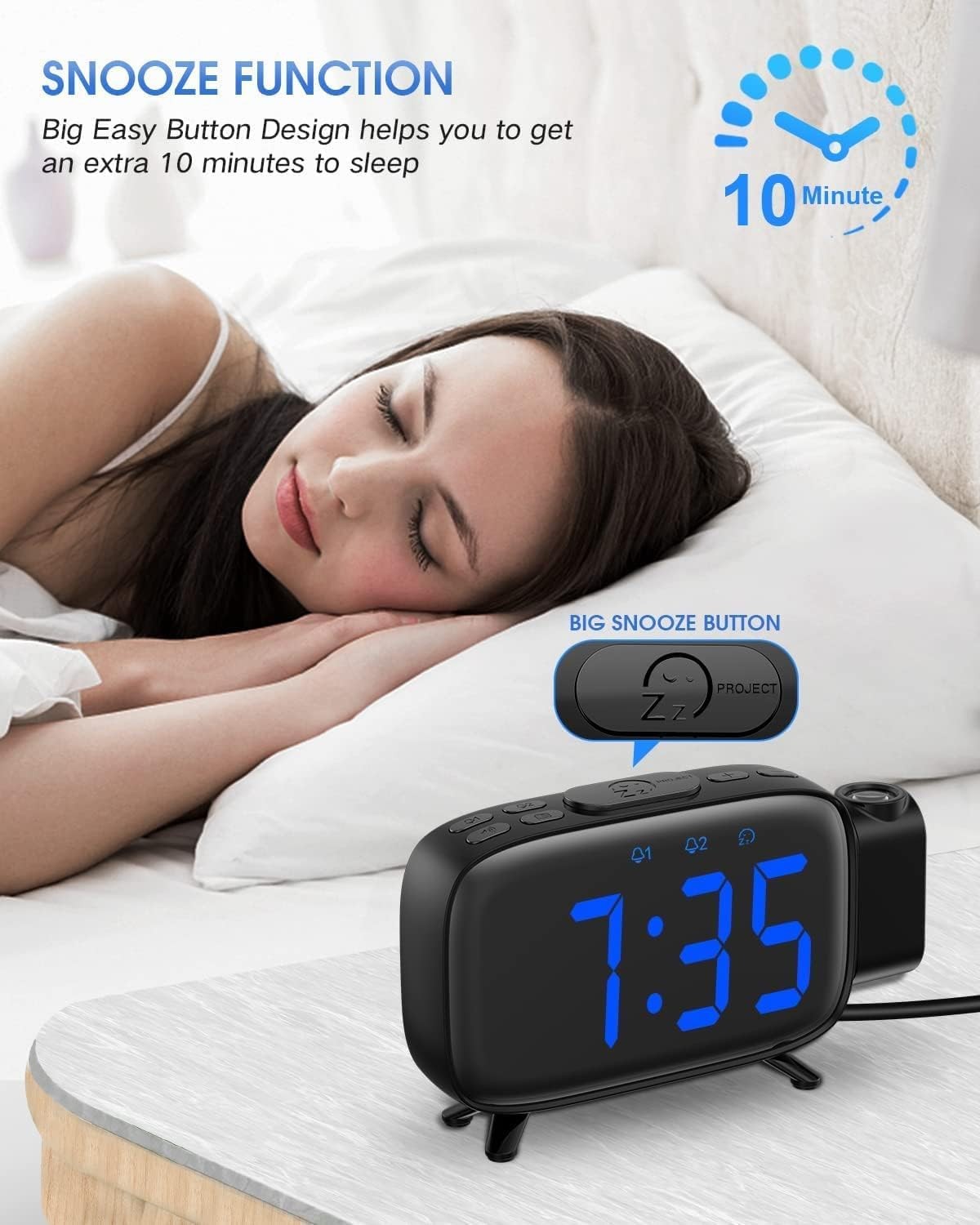 Projection Alarm Clock Large LED USB Charger Dual Alarm Snooze Dimmer