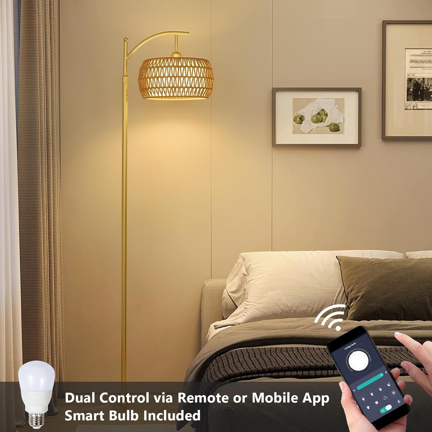 Rattan Floor Lamp Remote Control Dimmable LED Boho Gold Standing Light