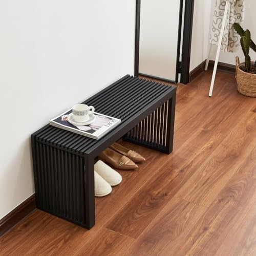 Modern Black Wooden Slatted Bench Sleek Indoor Seating Storage Entryway Décor