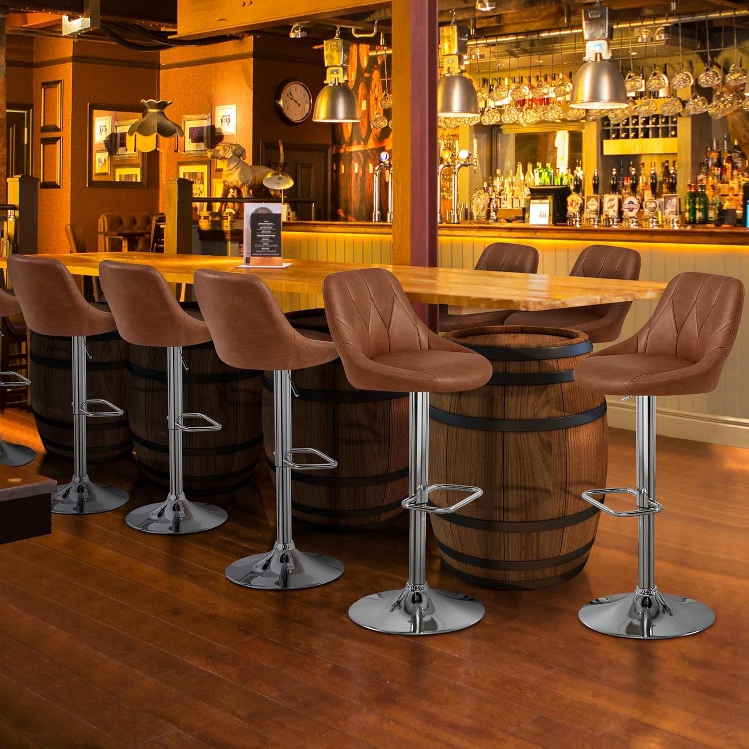 Set of 2 Adjustable Swivel Bar Stools – Retro Brown L-Shape