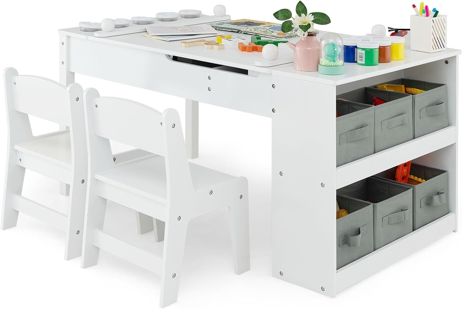 Kids 2-in-1 Lift-Top Art & Study Table Set with Storage, Paper Roll & Paint