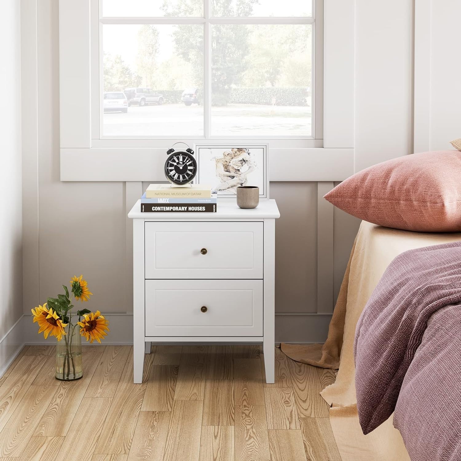White Bedside Table with 2 Drawers | Modern Wooden Nightstand