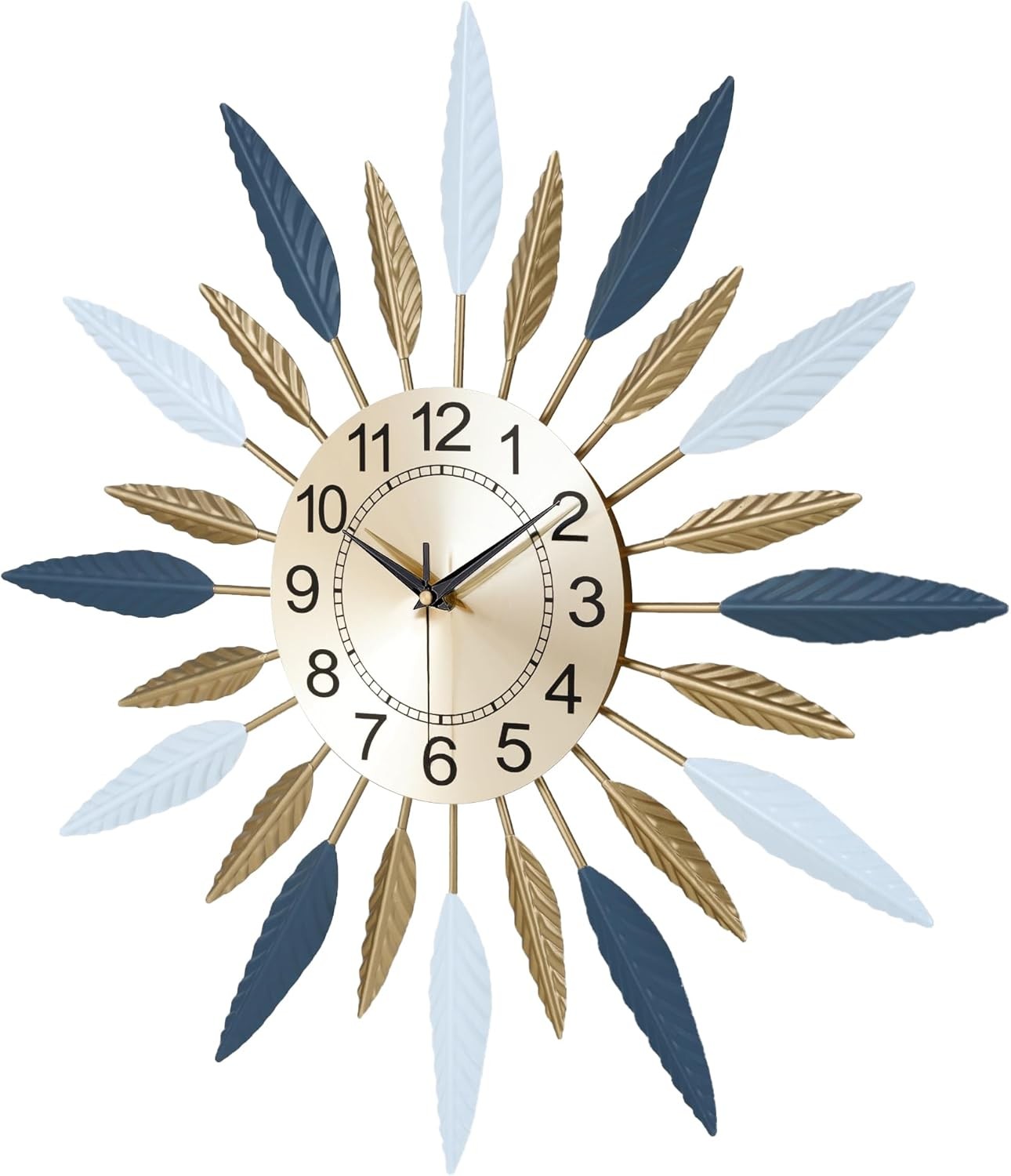 56cm Large Sunburst Wall Clock Blue Gold Metal Modern Silent Decorative Art