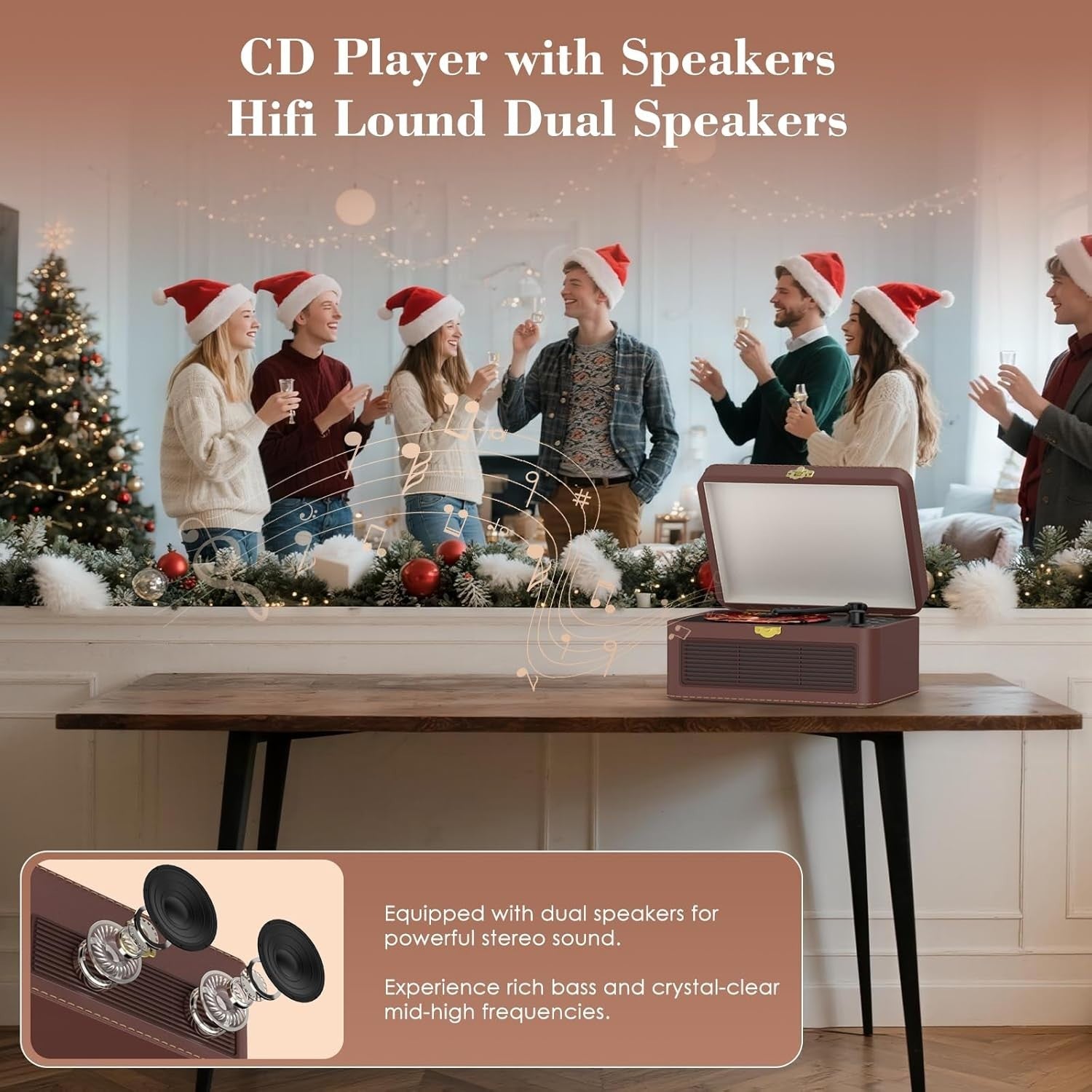 Retro Bluetooth CD Player FM Radio USB AUX HiFi Speakers Brown PU