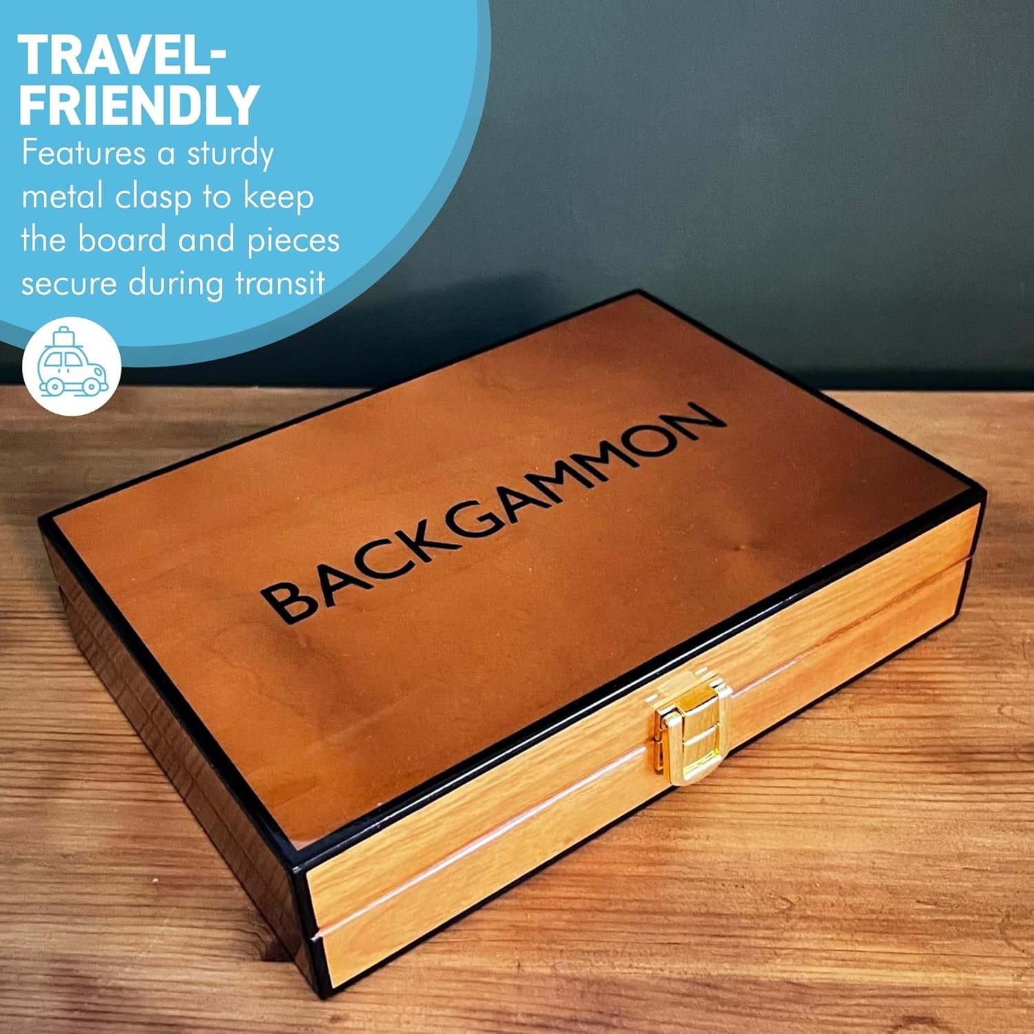 Deluxe Wooden Backgammon Set 30cm Lacquered Board with Leather Dice Cup
