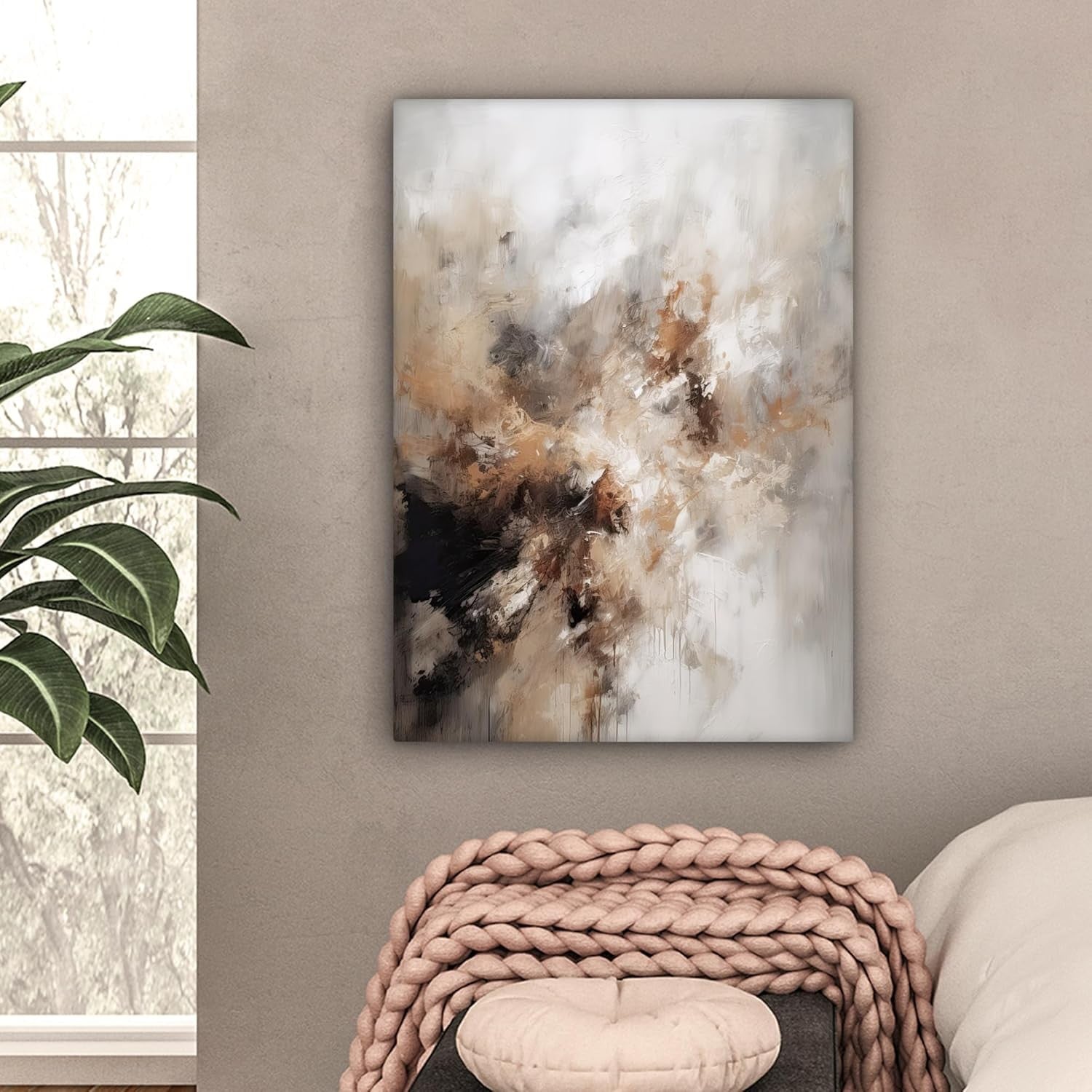 Abstract Beige Canvas Wall Art 50x70cm Framed Modern